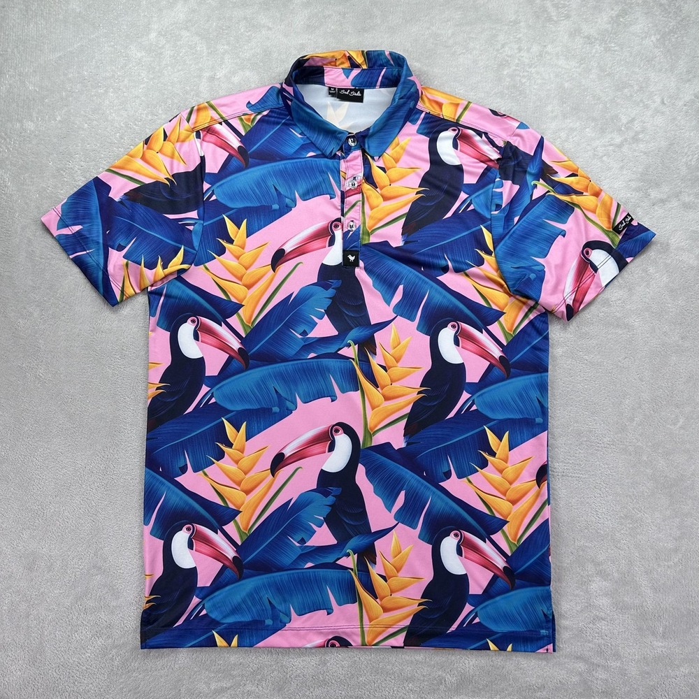 Bad Birdie Polo Shirt Mens Medium Pink Blue Toucan Tropical Golf Performance